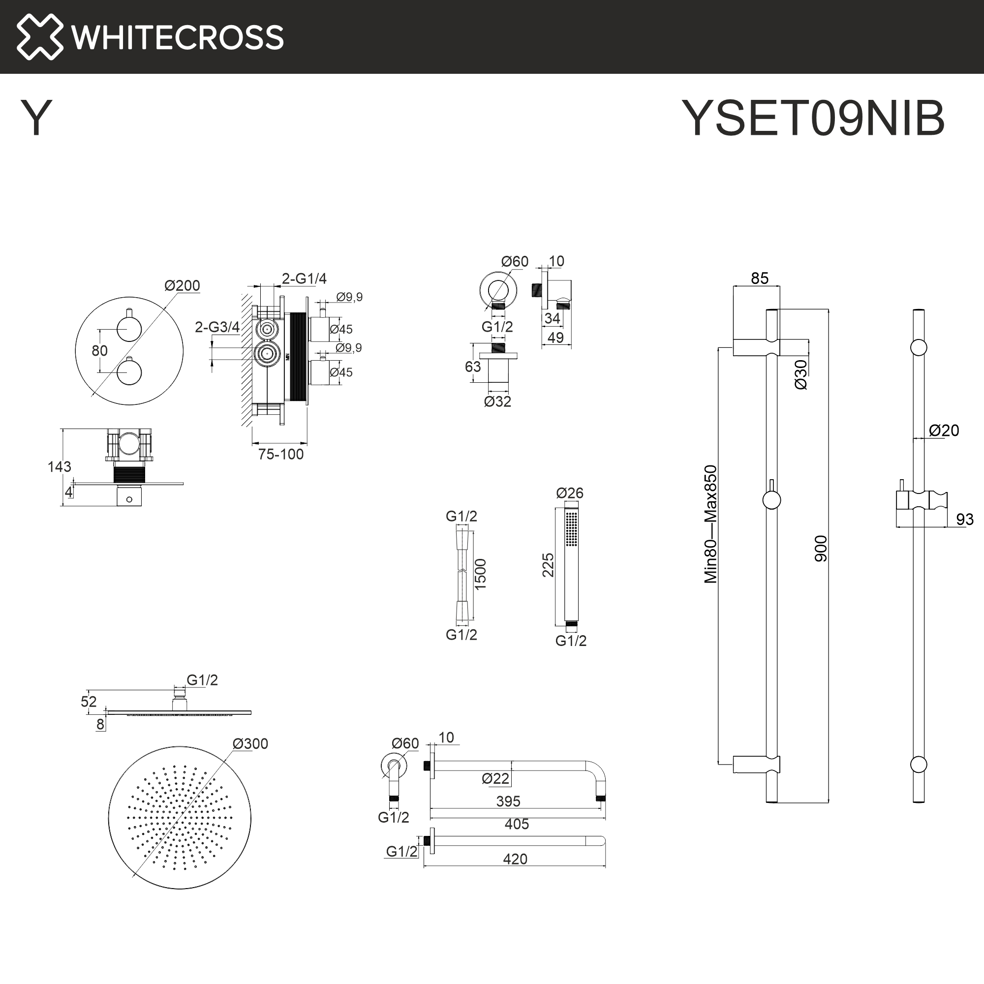Термостатическая душевая система скрытого монтажа WHITECROSS YSET09NIB (брашированный никель)
