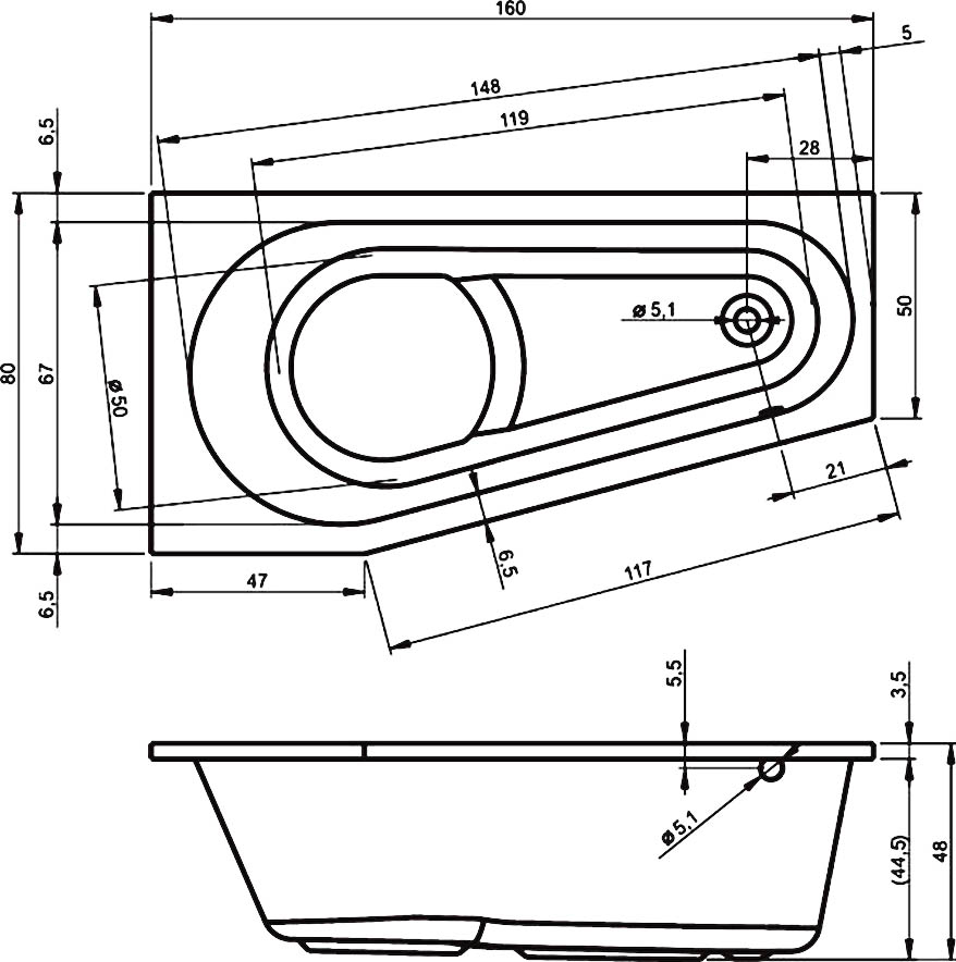 Ванна акриловая RIHO Delta 160x80 R без гидромассажа BB8200500000000