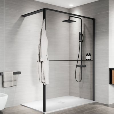 KUADHWSPO140D-1H Novellini Kuadra HWS Душевое ограждение 137-140х200cм., с свободным входом, Dx, с полкой, стекло прозрачное, цвет: черный матовый