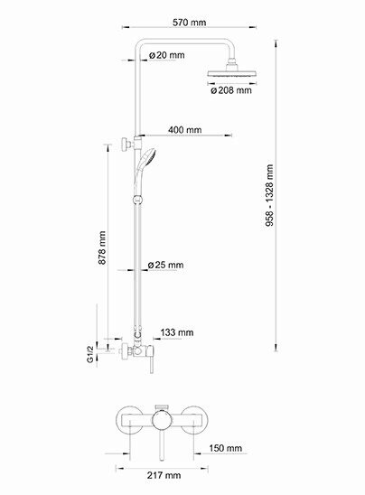 A12202 Душевой комплект со смесителем Размеры (Ш/В/Г): 21,7х132,8х57 см