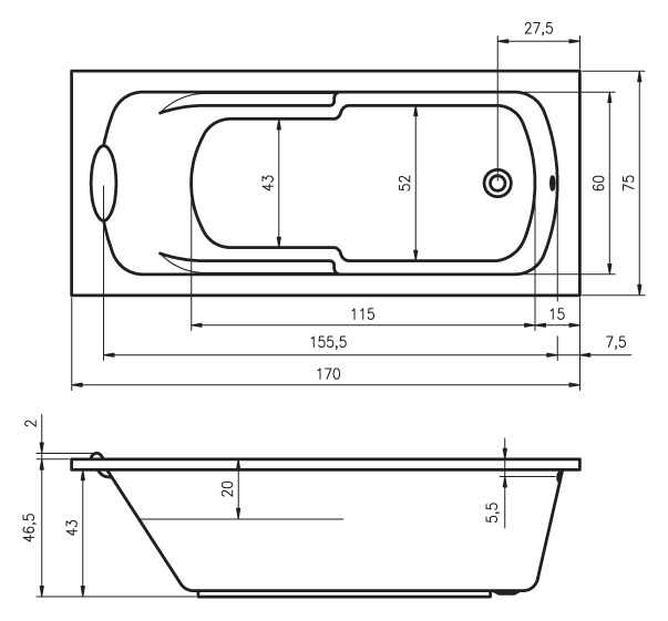 Ванна акриловая RIHO Virgo 170x75 без гидромассажа BZ0700500000000