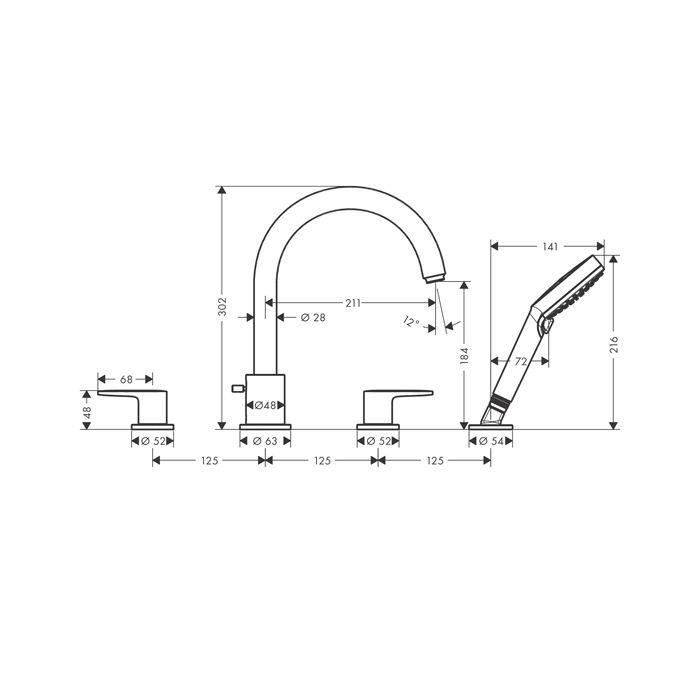 Hansgrohe Vernis Blend Смеситель на край ванны, на 4 отв, цвет: матовый черный 71456670