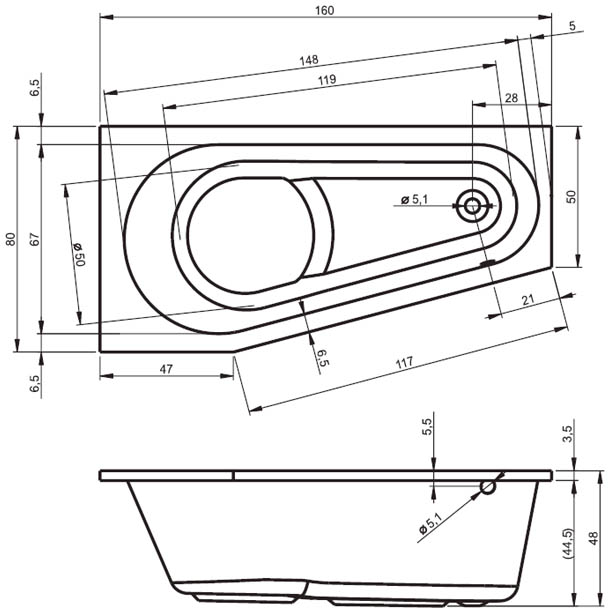 Ванна акриловая RIHO Delta 160x80 L без гидромассажа BB8300500000000