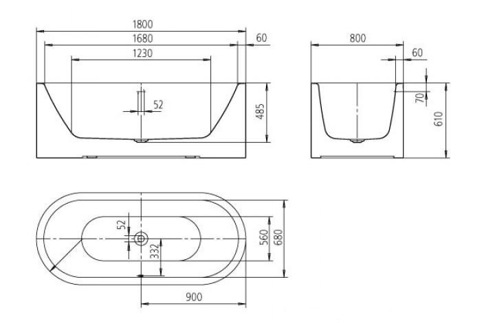 Ванна стальная 180X80 овальная KALDEWEi CENTRO DUO OVAL 128 черный матовыйс цельнолитьевой панелью