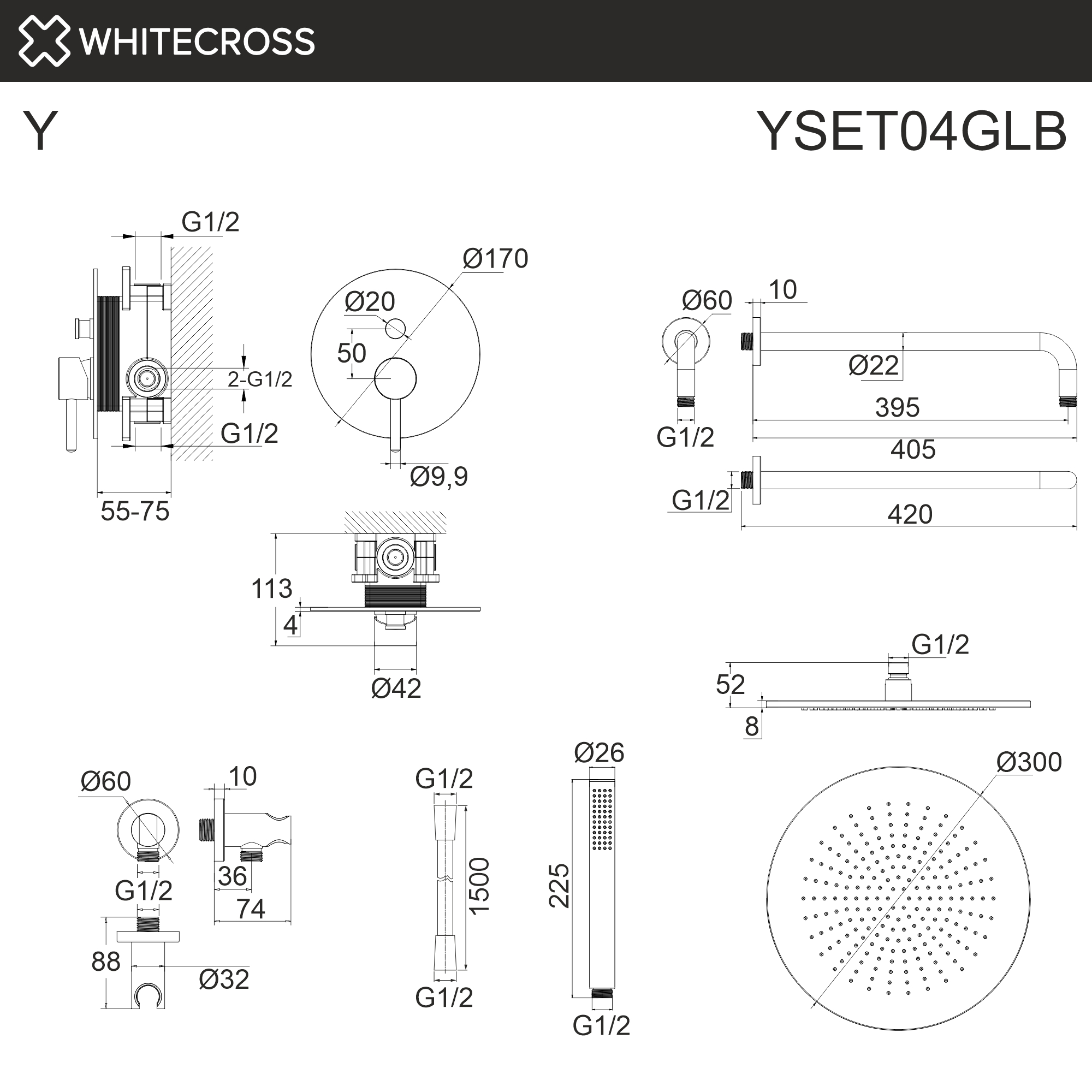 Система для душа скрытого монтажа WHITECROSS YSET04GLB (брашированное золото)