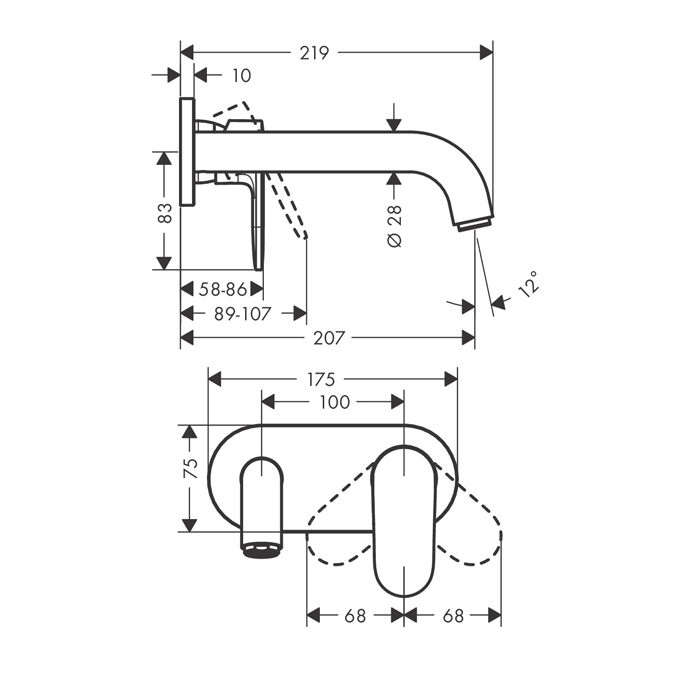 Hansgrohe Vernis Blend Смеситель для раковины, настенный, излив 204 мм, внешняя часть, цвет: матовый черный 71576670