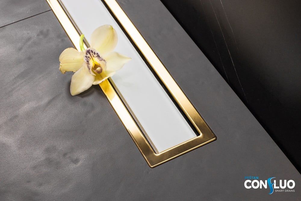 Линейный трап 300 мм PESTAN Confluo Premium Line Gold With White Glass 13100088