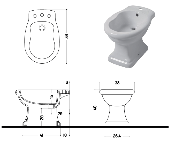 Disegno ceramica Paolina, напольное биде 58 см. c 3 отверстиями под смеситель, PA 006 003 01 CR, Black