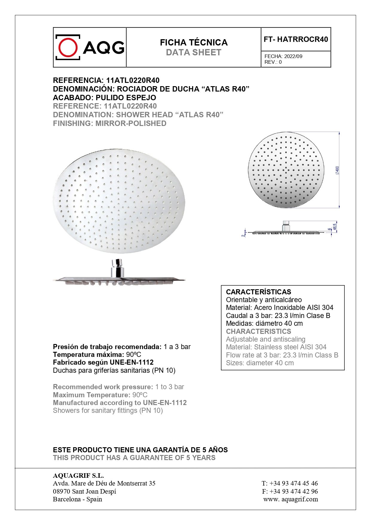 AQG ATLAS душевая головка круглая d30 см, хром 11ATL0220R40