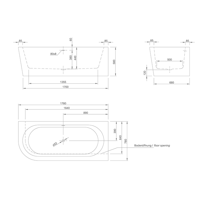 KNIEF Wall Corner L Ванна пристенная с монтажом в правый угол 180х80х60см, с щелевым переливом, со  слив-переливом, цвет: белый 0100-277-L