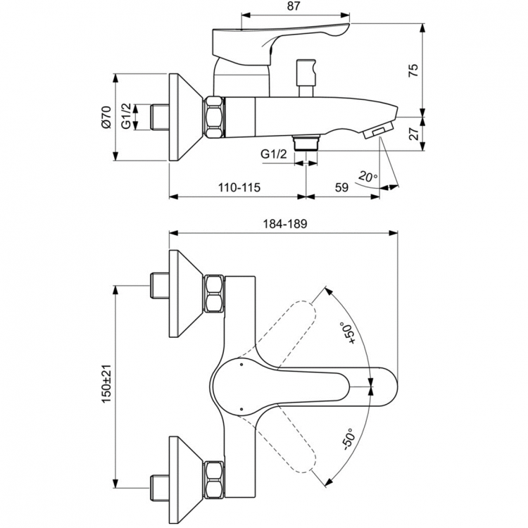 Настенный смеситель для ванны/душа Ideal Standard DOT 2.0