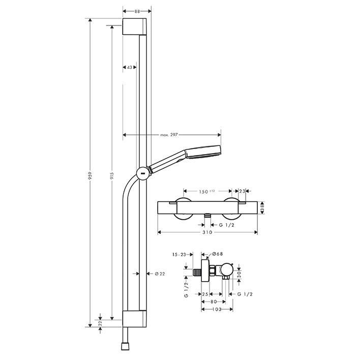 24261670 Hansgrohe Pulsify Душевой гарнитур с термостатическим смесителем, ручным душем и душевой штангой 90см, цвет: черный матовый