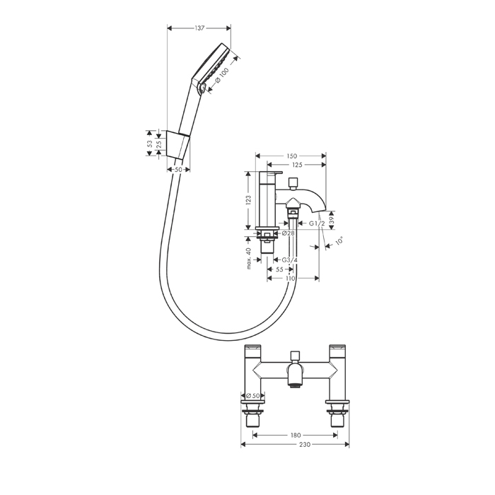 Hansgrohe Vernis Blend Смеситель на край ванны, на 2 отв, цвет: матовый черный 71461670