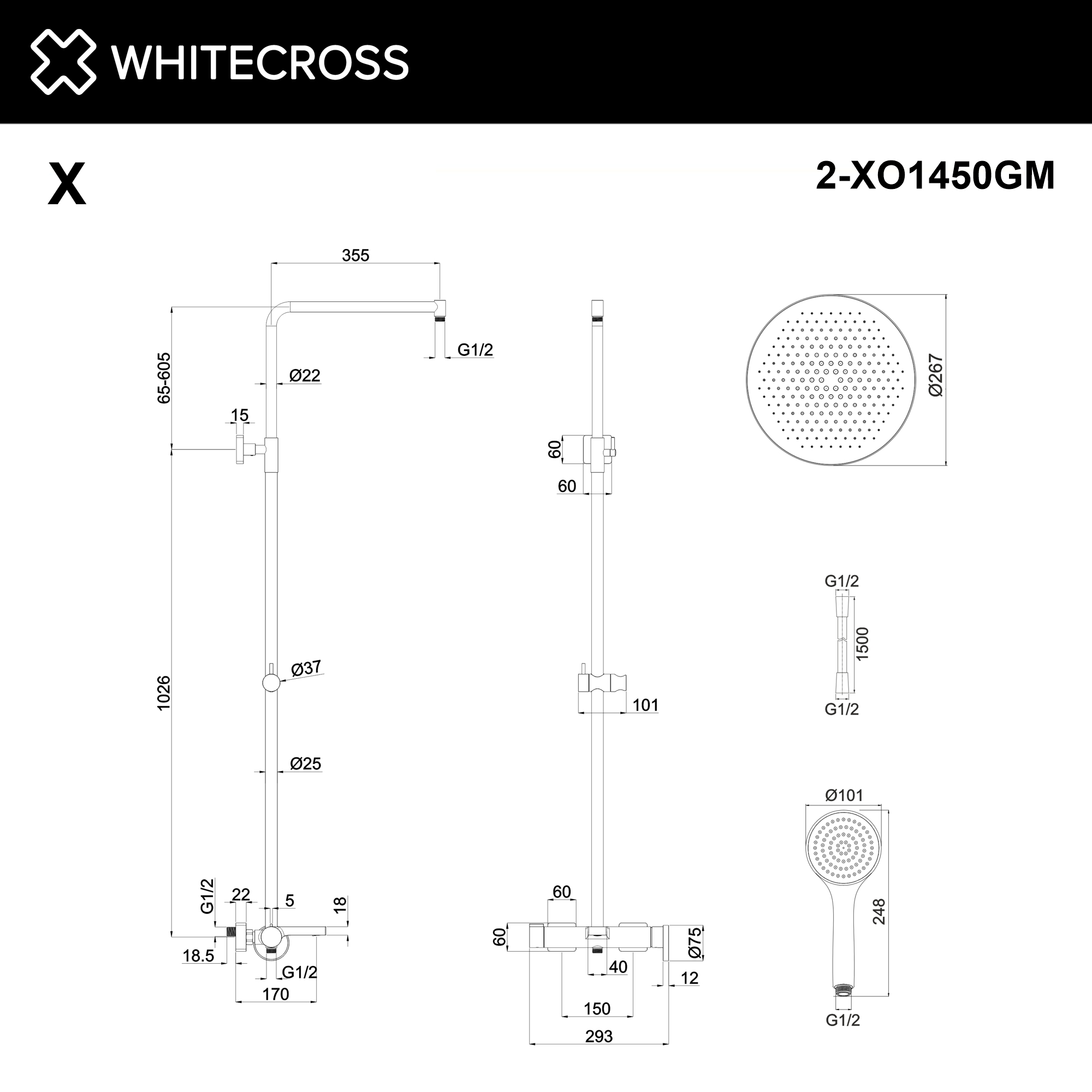 Система для душа наружного монтажа WHITECROSS XO1450BASICGM (оружейная сталь)