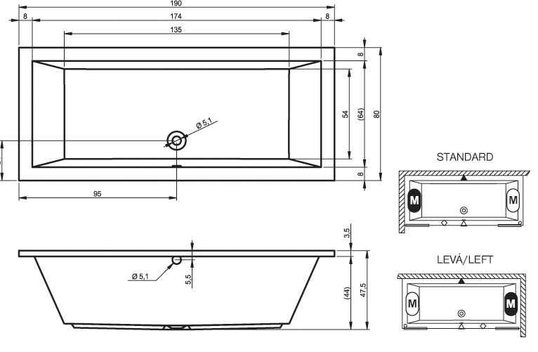 Ванна акриловая RIHO Lusso 190x80 без гидромассажа BA5900500000000