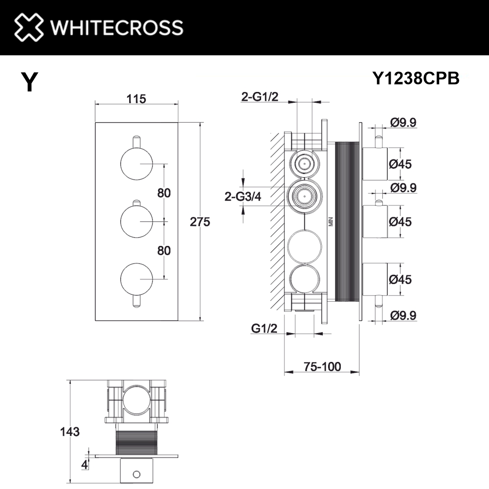 Смеситель термостат скрытого монтажа на 3 потребителя WHITECROSS Y1238CPB (брашированная медь)