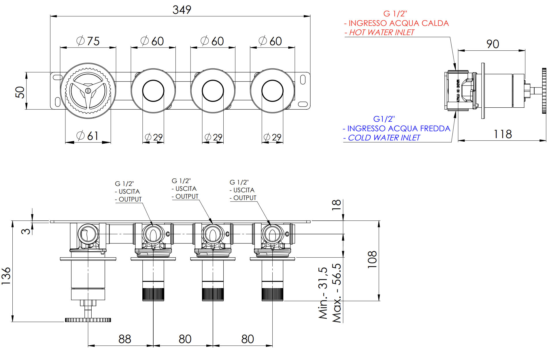 Смеситель для душа REMER Chrono CH98D3PBG, золото брашированное, шт