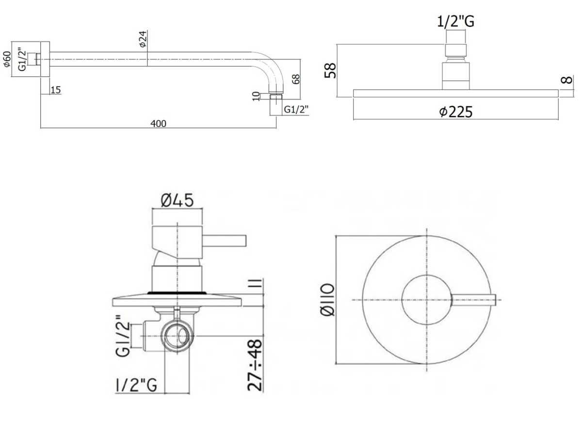 Комплект KITLIG011CR  для душа , со смесителем LIG011CR на 1 выход, душ 225мм, LIGHT,  хром Paffoni - 1 шт