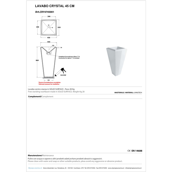 Olympia Crystal, раковина напольная 45х45см, цвет белый глянцевый CRY4745001