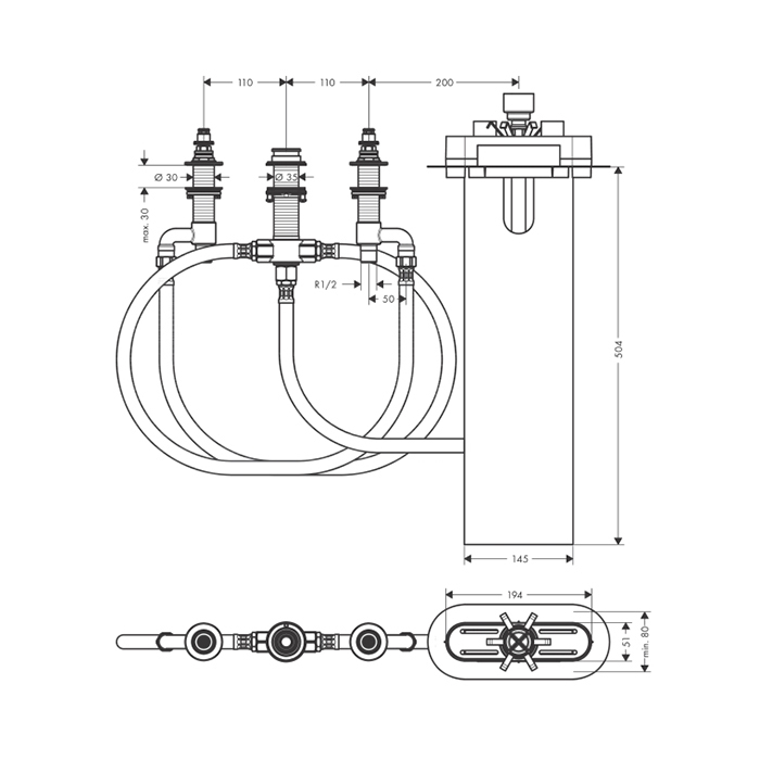Hansgrohe Встраиваемая часть смесителя, на борт ванны на 4 отверстия 13440180