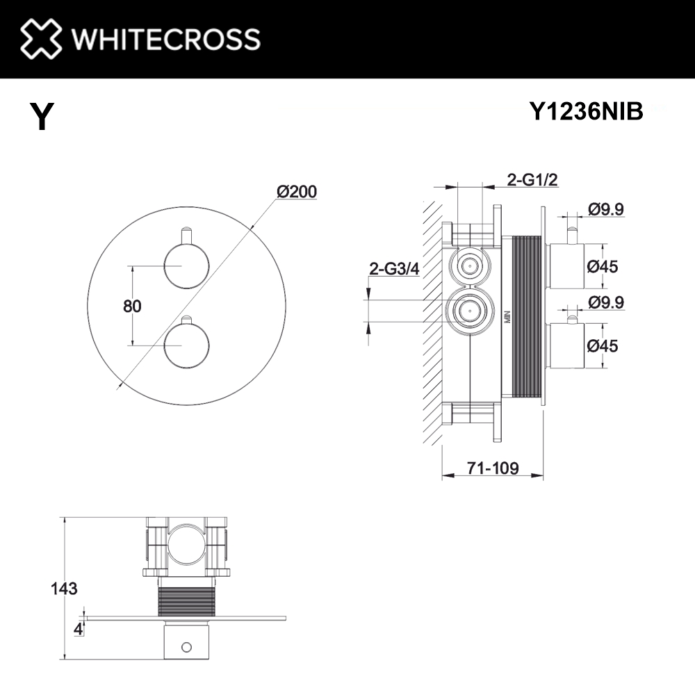 Смеситель термостат скрытого монтажа на 2 потребителя WHITECROSS Y1236NIB (брашированный никель)