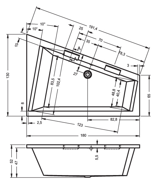 Ванна акриловая RIHO Doppio 180x130 L без гидромассажа BA9100500000000