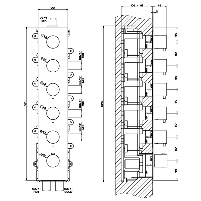 Gessi 316 Встраиваемый термостатический смеситель на 5 источников, резьба 3/4, внешняя часть, цвет: steel brushed 54520#239