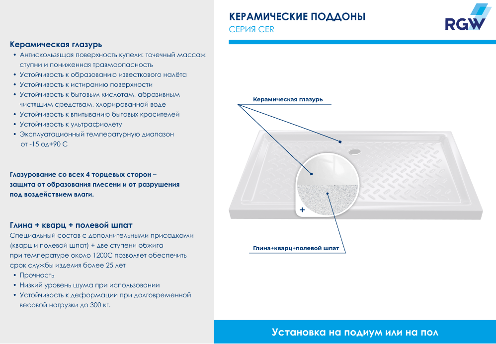 Поддон для душа прямоугольный керамический RGW CR (Глубина 35)  720x1000