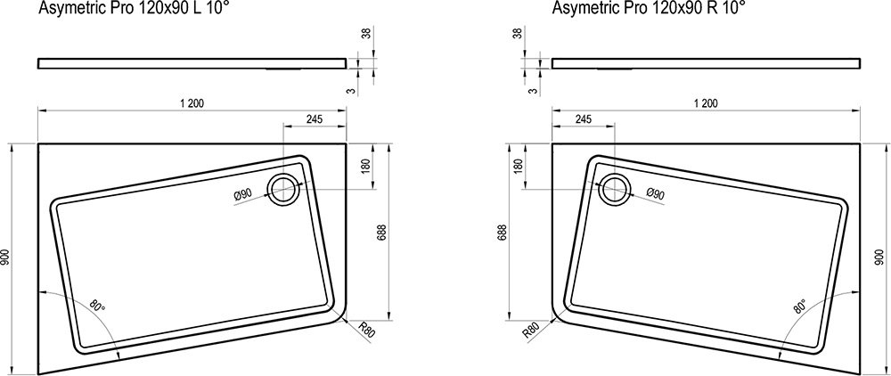 Поддон для душа Ravak Galaxy ASYMETRIC PRO 120x90 L 10° белый