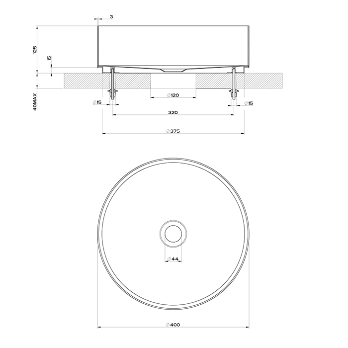 Gessi 316 Раковина 40 см, без отв., для установки на столешницу, без перелива, нержавеющая сталь, цвет: Steel brushed 54601#239