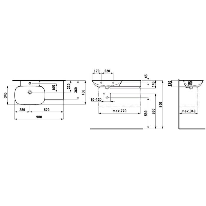 Laufen INO Раковина 90х45х12 см, без отв., полка справа, покрытие LLC, цвет: белый 8.1330.2.400.109.1