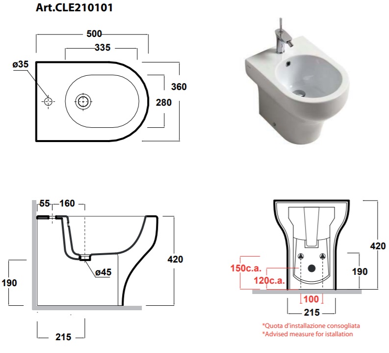 Биде напольное 50 см Olympia Clear CLE210101