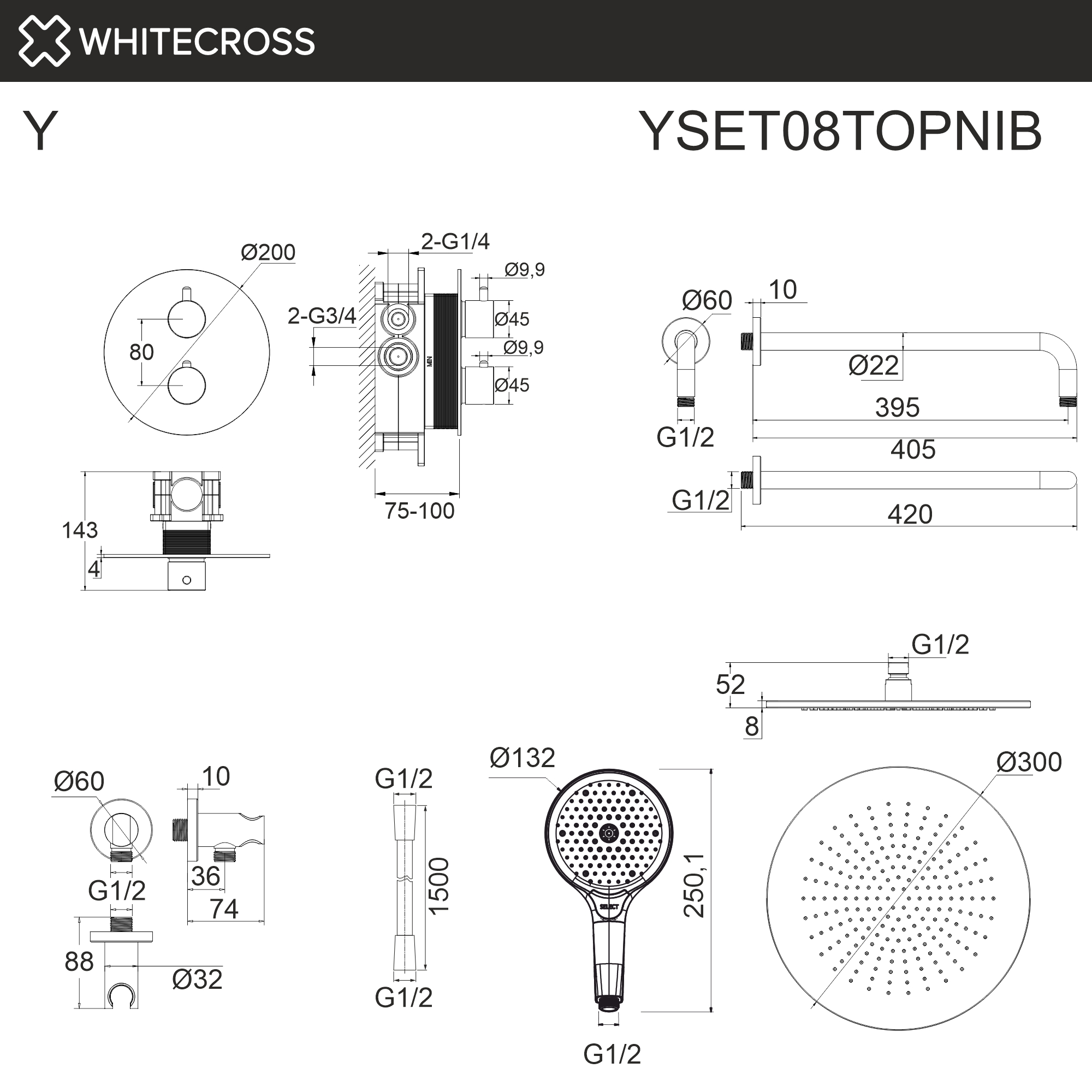 Термостатическая душевая система скрытого монтажа WHITECROSS YSET08TOPNIB (брашированный никель)