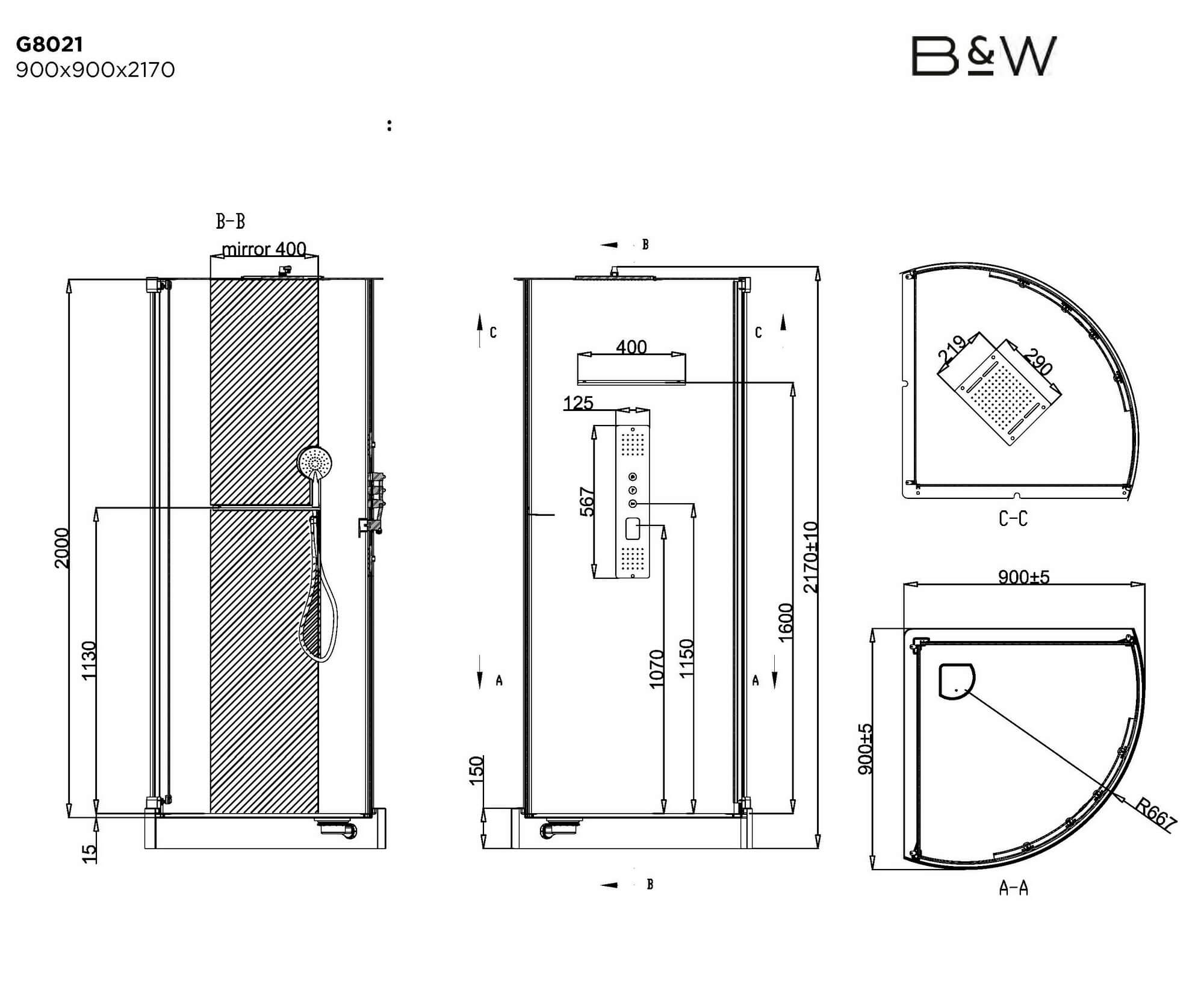 8021000 Душевая кабина B&W G8021 (900х900х2170)