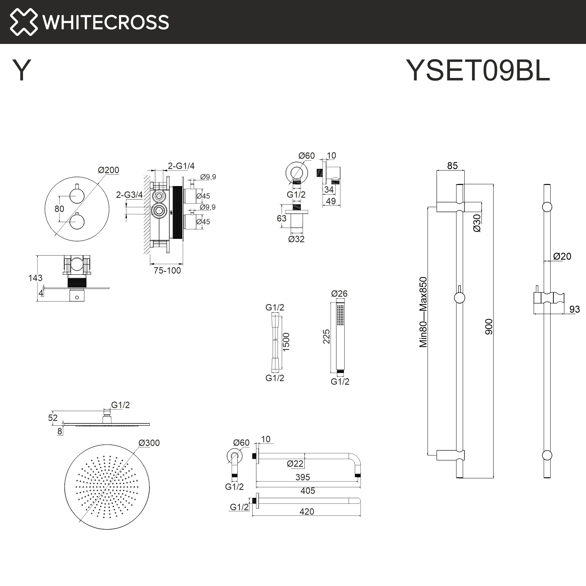 Термостатическая душевая система скрытого монтажа WHITECROSS YSET09BL (черный мат)