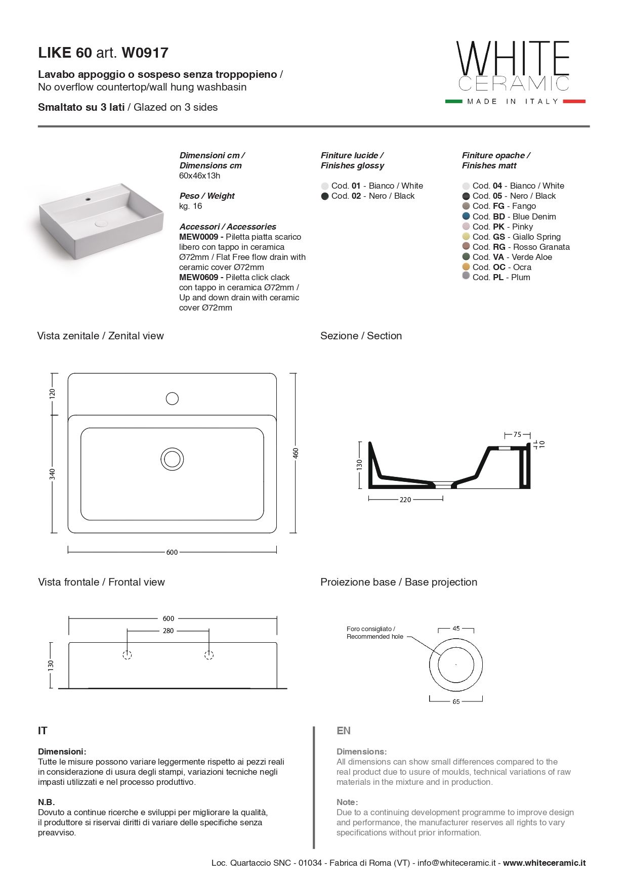 White Ceramic Like, накладная/подвесная прямоугольная раковина с отверстием п/с 60x46x13h см, цвет белый глянцевый