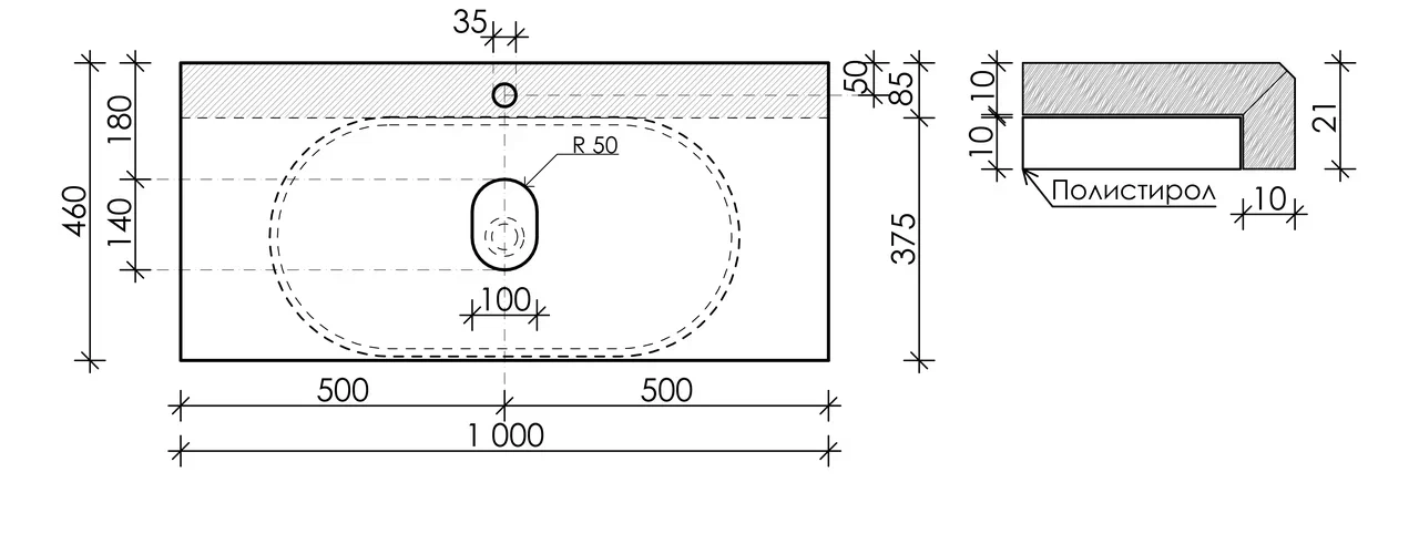 Столешница для ванной комнаты SANCOS  1000х460 , арт. TT100A1X