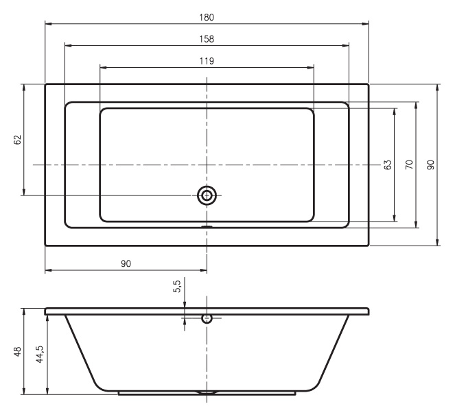 Ванна акриловая RIHO Lusso 180x90 без гидромассажа BA7700500000000
