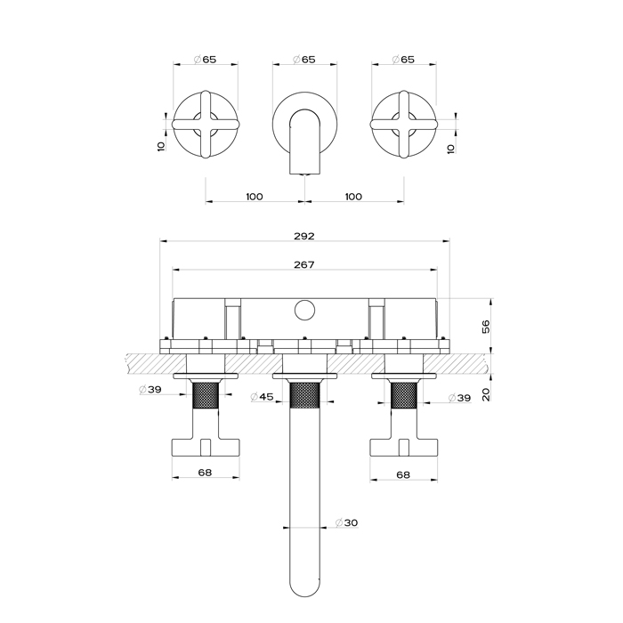 Gessi Inciso+ Встраиваемый смеситель для раковины на 3 отверстия с изливом, без донного клапана. внешняя часть, цвет: black XL 58190#299