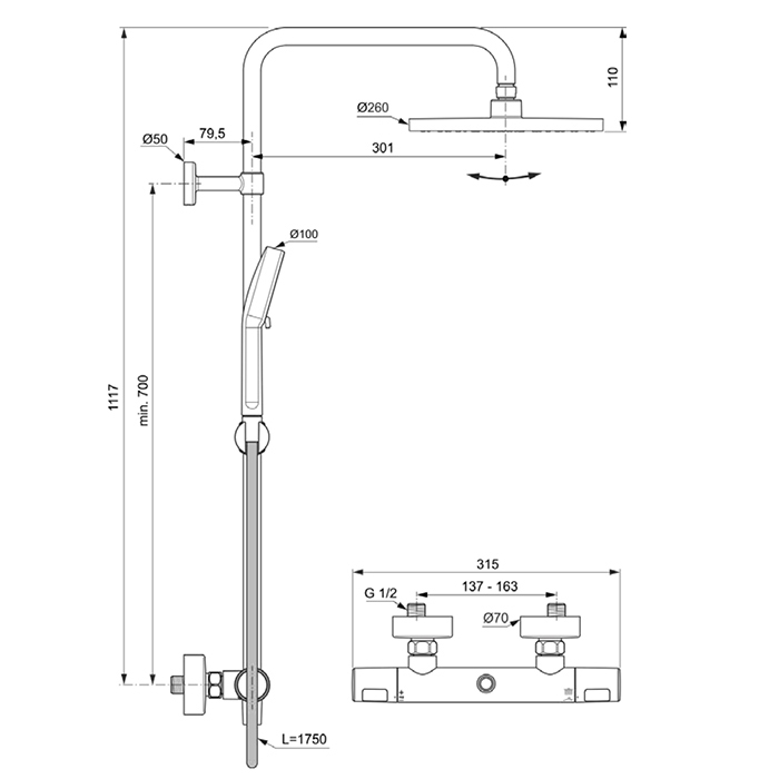 A8520AA Ideal Standard Ceratherm T25 Душевая стойка, с термостатическим смесителем, ручным душем и шлангом, верх. душ: 25см., цвет: хром