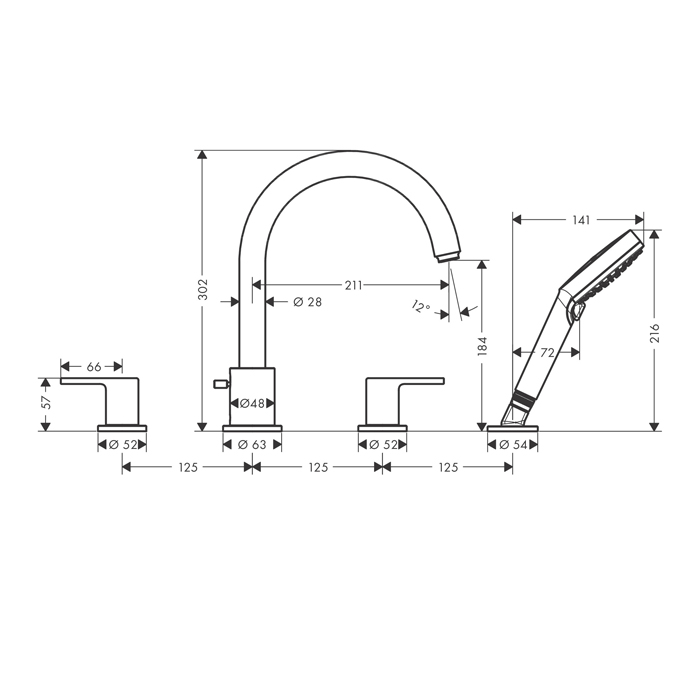 Hansgrohe Vernis Shap Смеситель на край ванны, на 4 отв, цвет: матовый черный 71459670