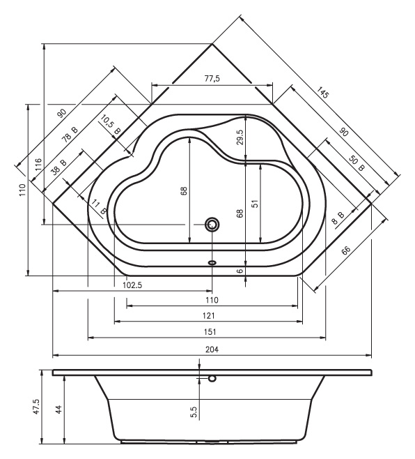 Ванна акриловая RIHO Winnipeg 145x145 без гидромассажа BA4800500000000