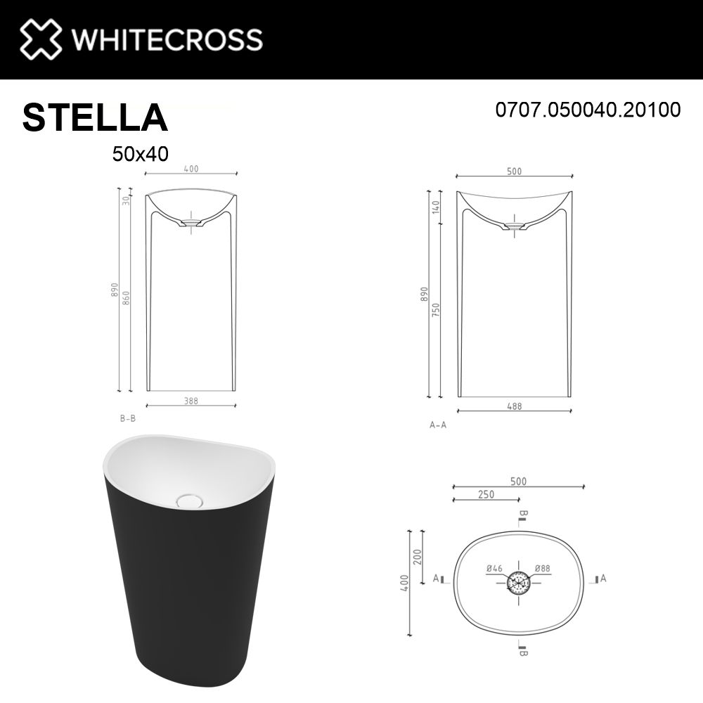 Умывальник WHITECROSS Stella 50x40 (черный/белый мат) иск. камень