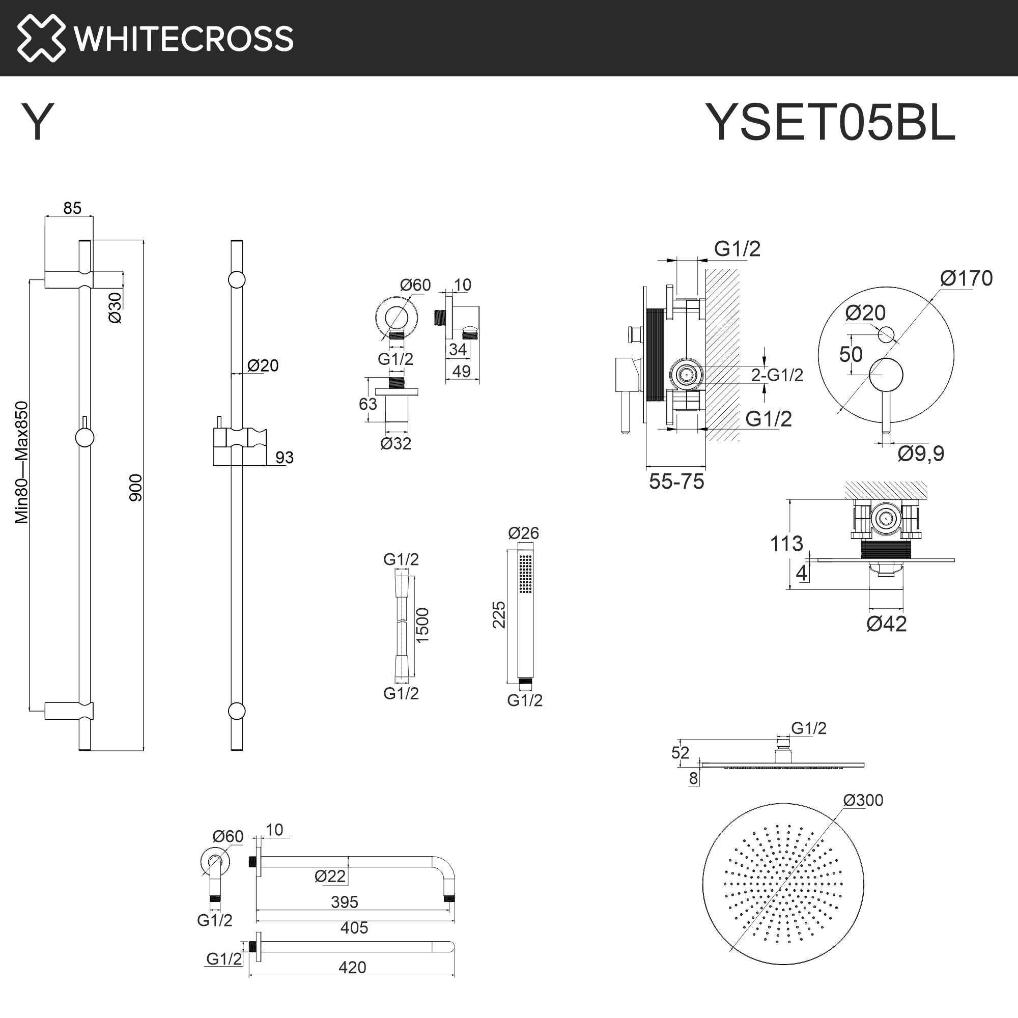 Система для душа скрытого монтажа WHITECROSS YSET05BL (черный мат)