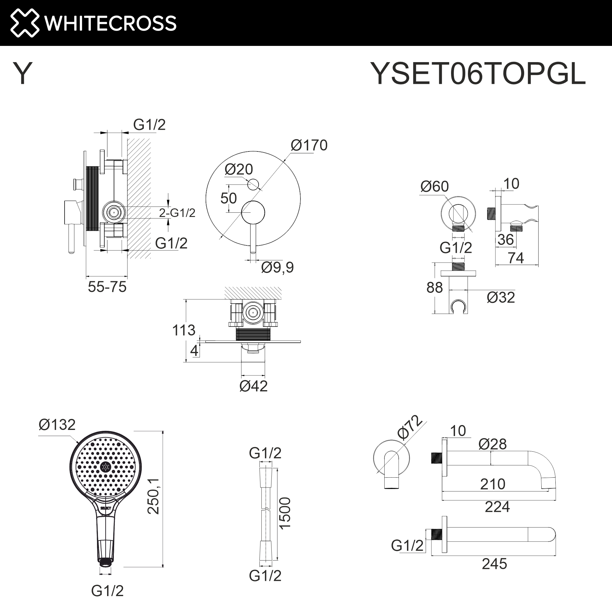 Система для ванны скрытого монтажа WHITECROSS YSET06TOPGL (золото)