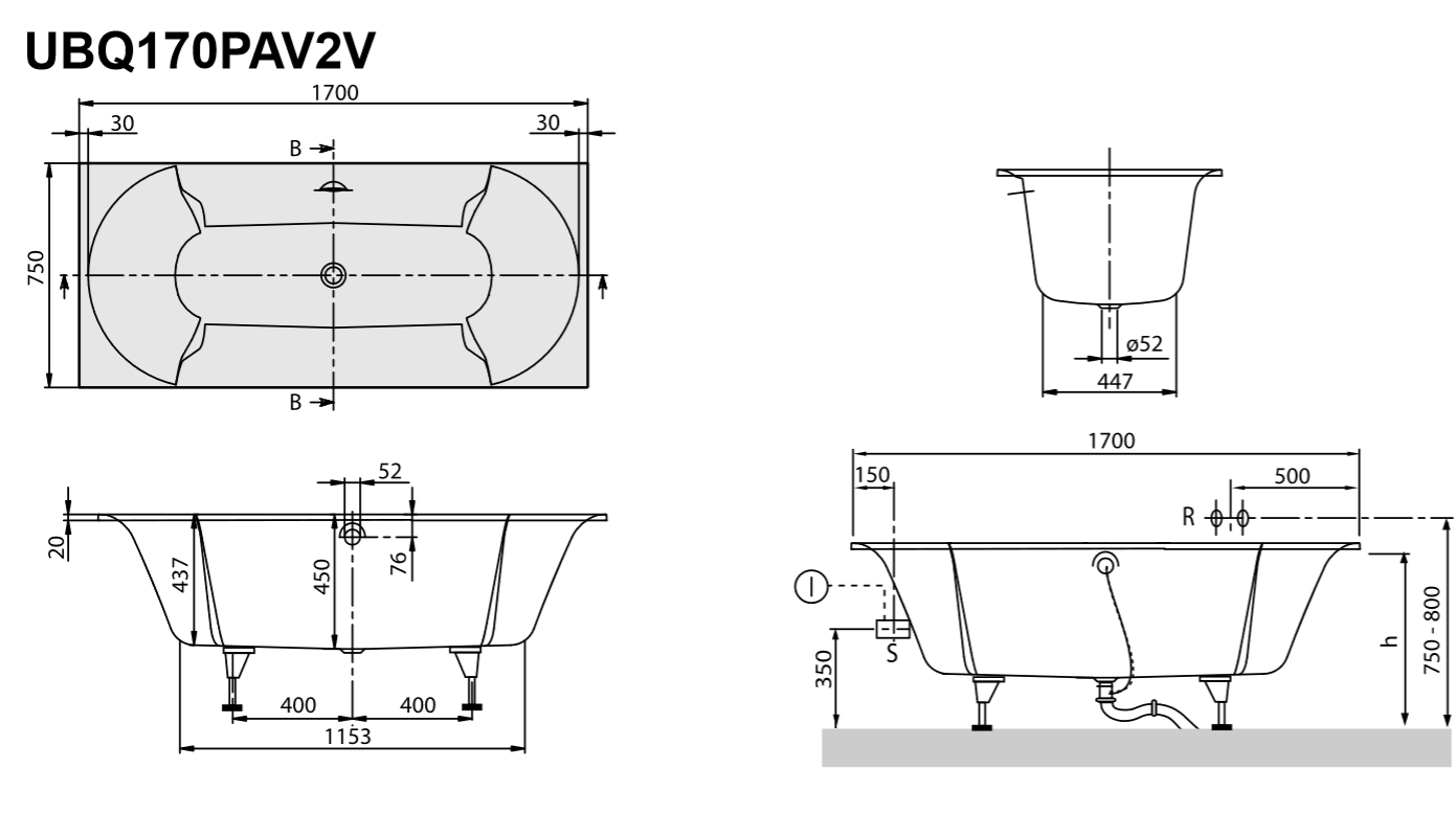 Ванна из кварила Villeroy&Boch Pavia 170x75 UBQ170PAV2V-01