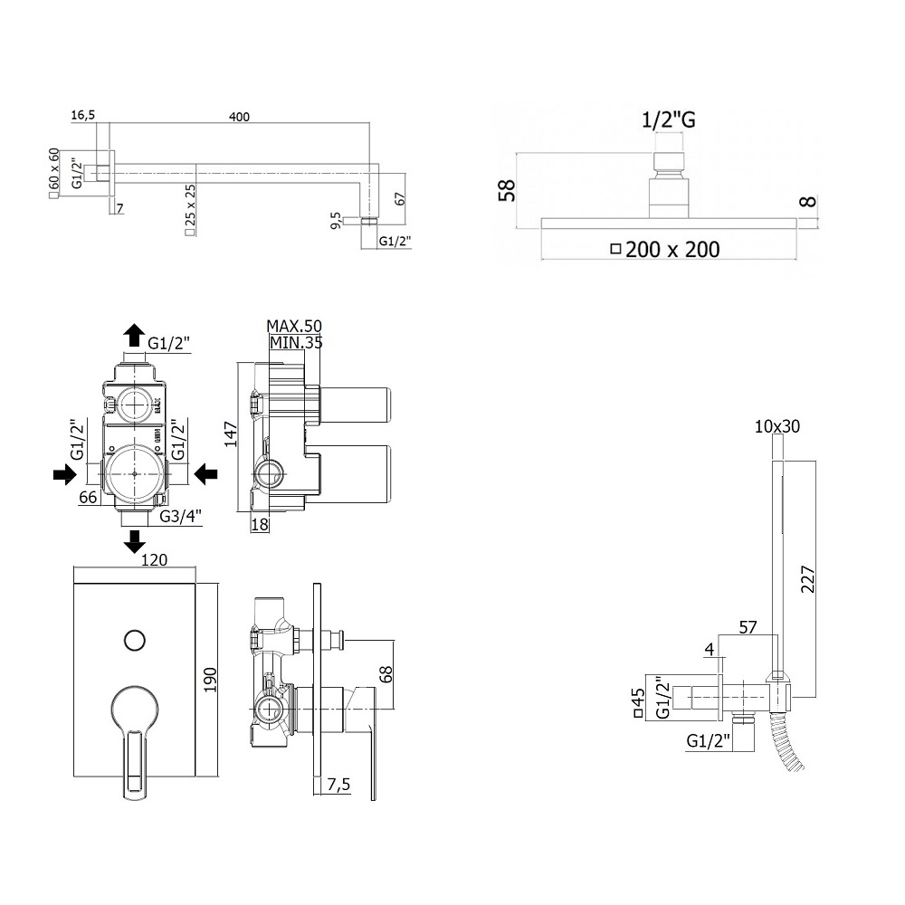 Комплект KITRIN015NO/M  для душа со смесителем RIN015NO/M на 2 выхода, душ 200x200 мм