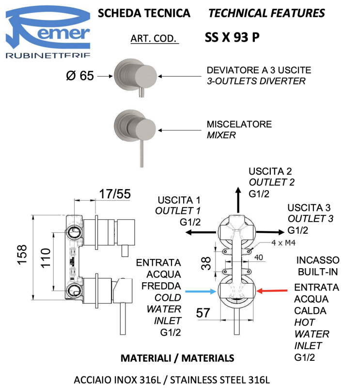 Смеситель Remer X Style INOX SSX93P для душа, нержавеющая сталь