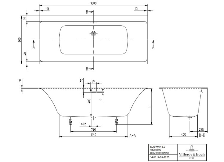 UBQ180SBW2DV-01 Ванна Квариловая 180x80 Villeroy&Boch, Subway 3.0