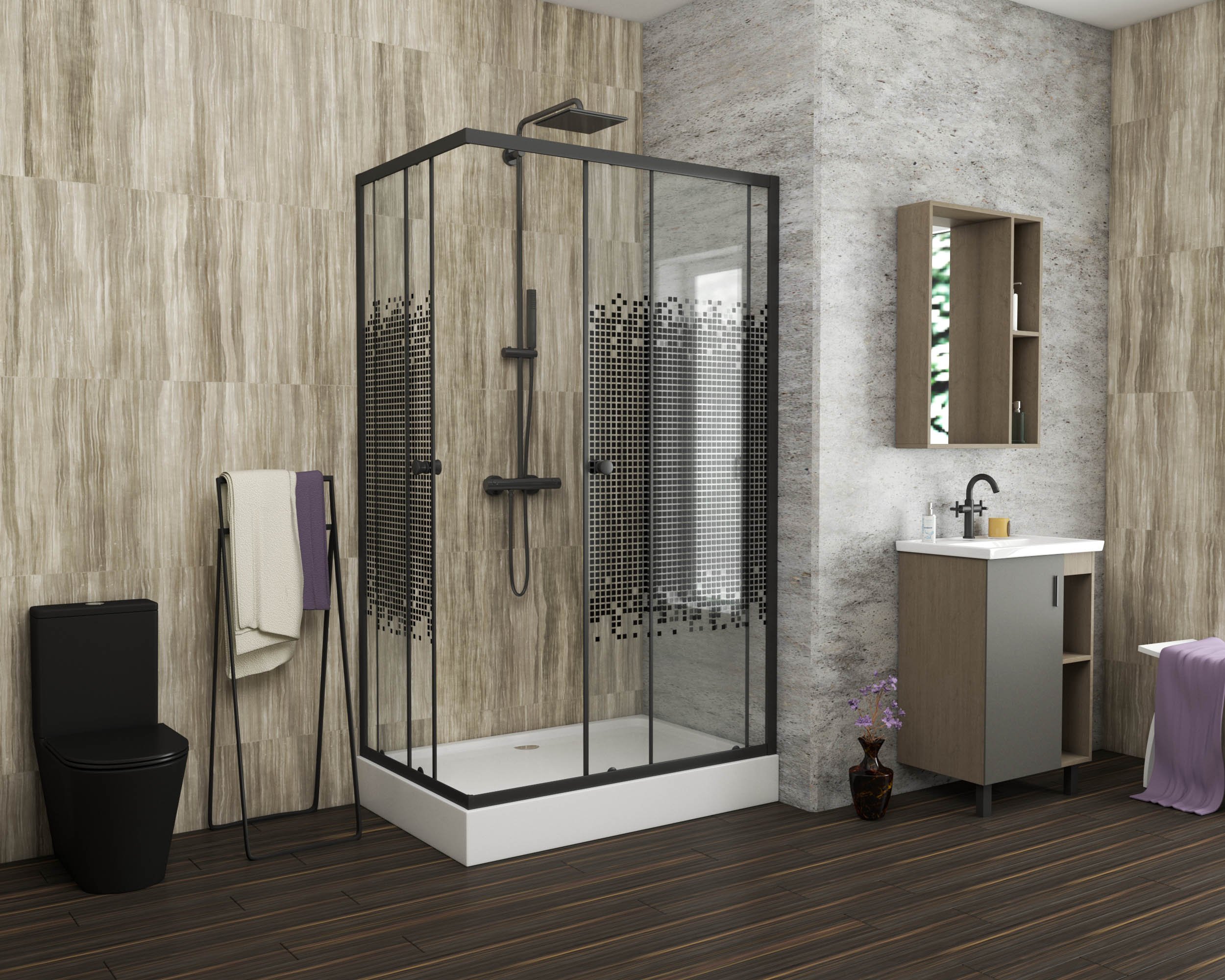 Niagara Eco Душ. уголок NG-018-14Q BLACK (1000х800х1950) низкий поддон(13см) стекло мозаика,